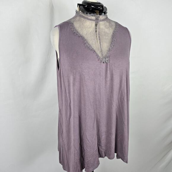 Paper + Tee Sleeveless Blouse Women's 2X Purple Lace V Neck Trim Ruffles Buttons - Picture 12 of 16